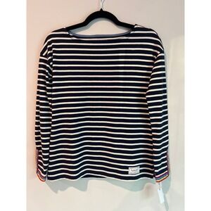 Talbots Petite Navy White Stripe Long‎ Sleeve Boat Neck Top Rainbow Cuff Buttons